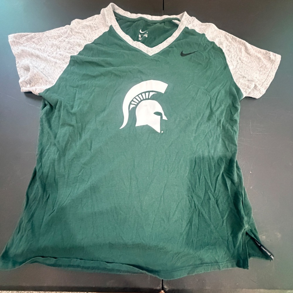 Nike Michigan State Spartans TShirt Womens L Green Grey Raglan Sporty Gameday